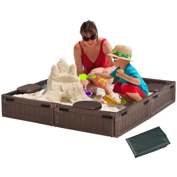 Rootz sandkasse med dæksel og bunddug - Presenning - Jordspyd - Modulært design - 4 sæder - Brun - 1,23L x 1,23W Cm