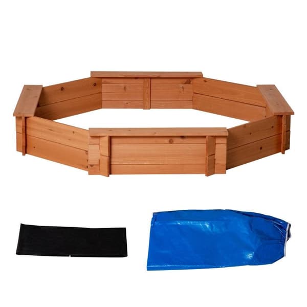 Rootz sandkasse - sandkasse med låg - ottekantet sandkasse i massivt træ - Bundløst design til børn - Rød + Blå - 139,5 x 139,5 x 21,5 cm