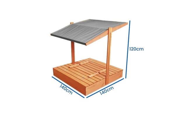 DIY 140x140 cm Træsandkasse med Justerbar Gråt Tag & Foldbare Bænke