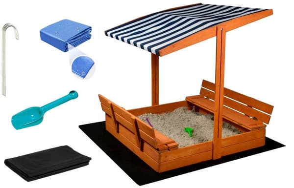 Premium Multifunktionell Träsandlåda med Justerbar Markis & Sittplatser, 120x120x120cm