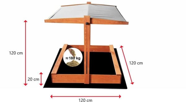 Sikker træsandkasse med justerbar solskærm til børn, 120x120 cm, grå
