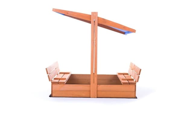 Stor 120x120 cm träsandlåda med justerbart blått tak och bänkar för skolor och förskolor