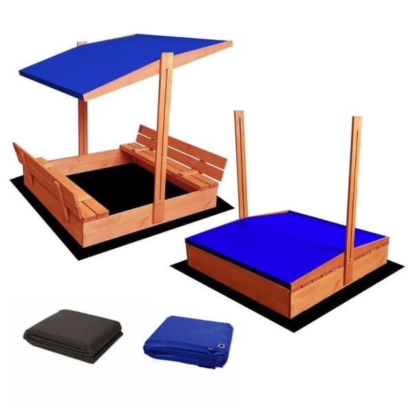 Stor 120x120 cm träsandlåda med justerbart blått tak och bänkar för skolor och förskolor