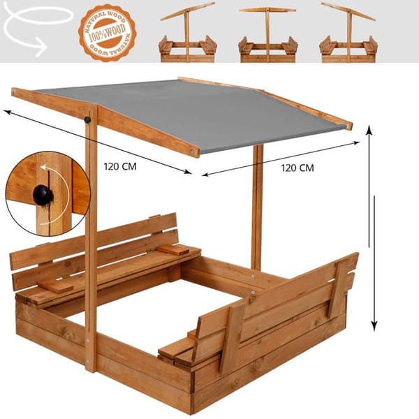 Sandlåda - Springos - 120 x 120 cm - Massivt Trä - Fällbara Bänkar - Justerbart Tak