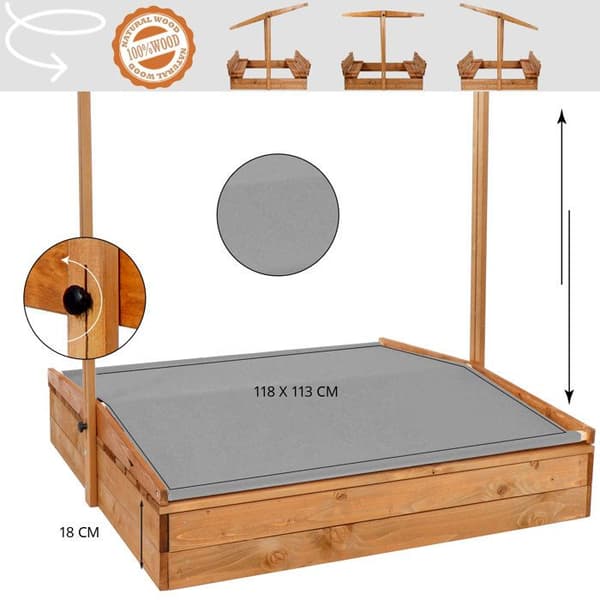 Sandlåda - Springos - 120 x 120 cm - Massivt Trä - Fällbara Bänkar - Justerbart Tak