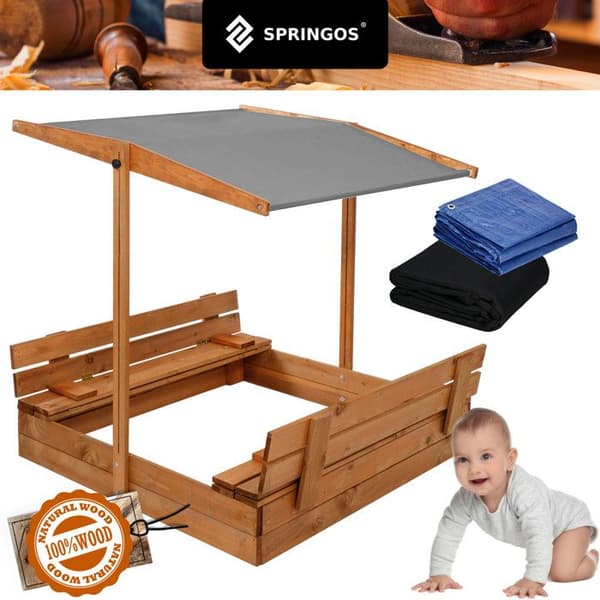 Sandlåda - Springos - 120 x 120 cm - Massivt Trä - Fällbara Bänkar - Justerbart Tak