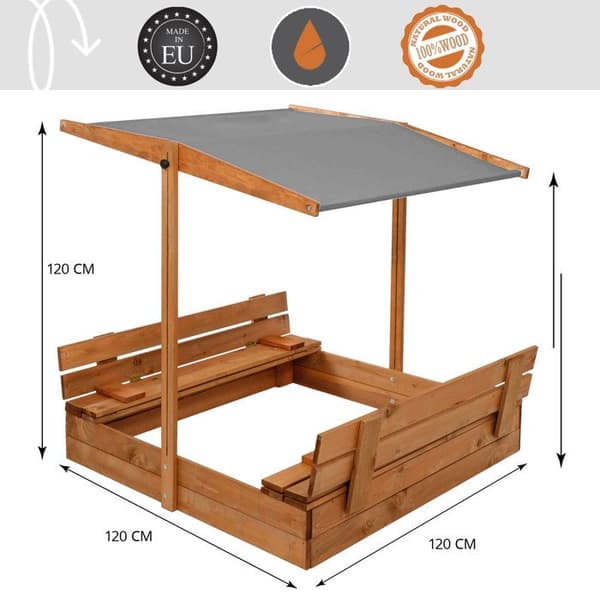 Sandlåda - Springos - 120 x 120 cm - Massivt Trä - Fällbara Bänkar - Justerbart Tak