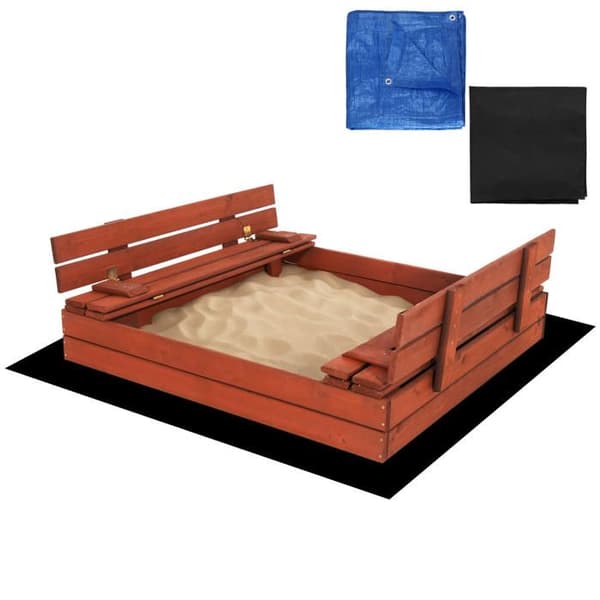 Träbäcksandlåda - Springos® - 120 x 120 cm - Med bänkar - Skyddstäcke - Impregnerad