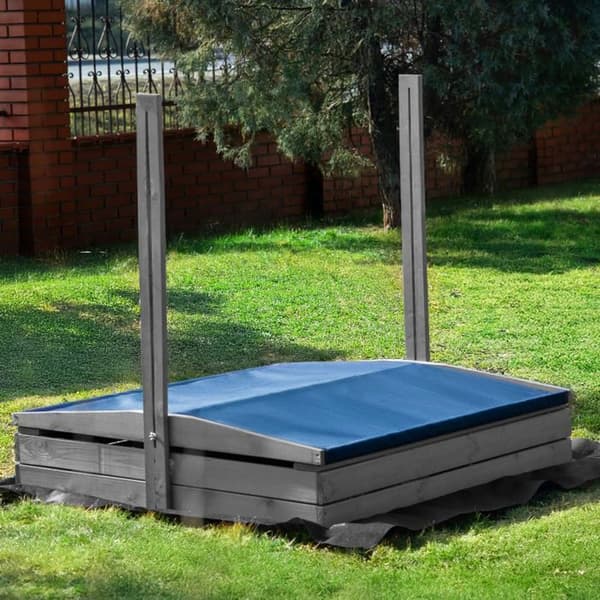Trä sandlåda med tak - Springos® - 120 x 120 cm - Vattenbaserad impregnering - Grå - Integrerade bänkar