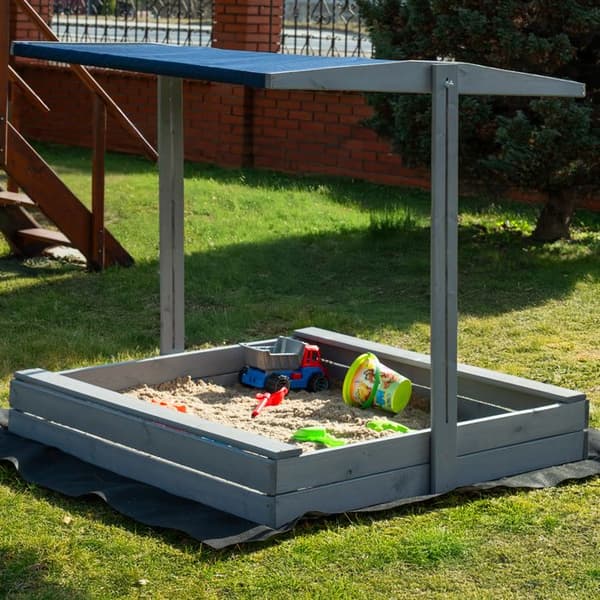 Trä sandlåda med tak - Springos® - 120 x 120 cm - Vattenbaserad impregnering - Grå - Integrerade bänkar