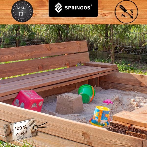 Sandlåda - SPRINGOS - 150 x 150 cm - Imprägnerat trä - Fällbara bänkar - Skyddande lock