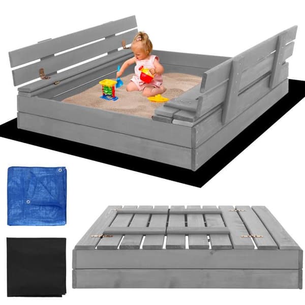 Sandlåda - SPRINGOS® - 100 x 100 cm - Nötliga träslag - Färg grå - Med integrerade bänkar