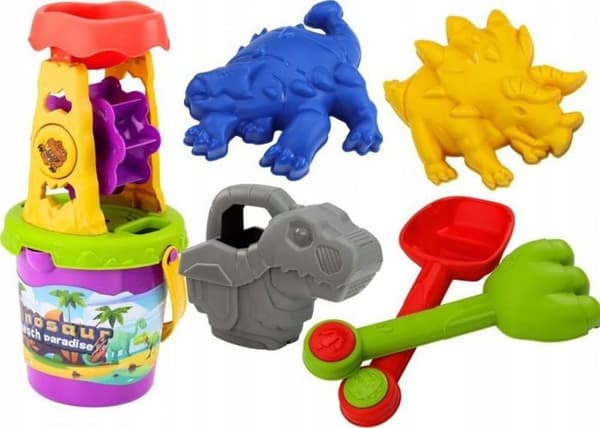 Sandlåda - sandpåse Leantoys sandset dinosauriebryggare tratt spatula räfsa vattenkanna formar