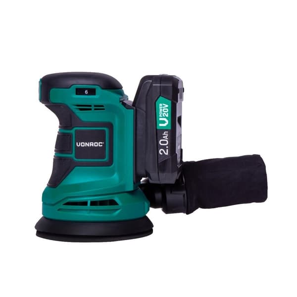 VONROC Excentrisk slipmaskin 20V – 2.0Ah | Inkl. Batteri och snabbladdare