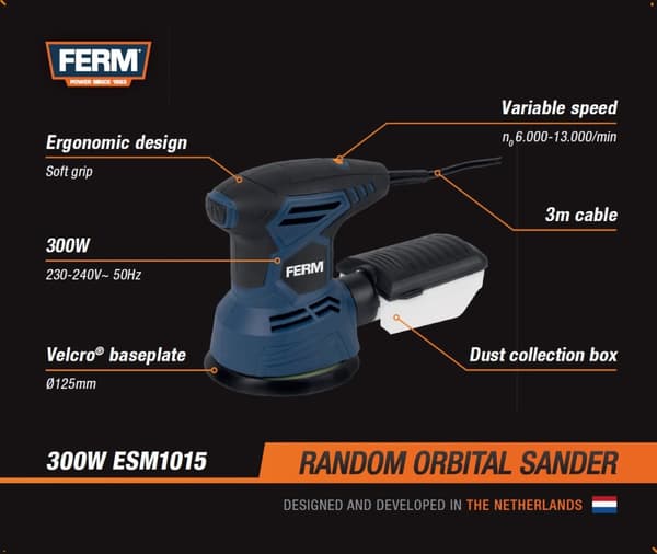 FERM ESM1015 Slibemaskine excenter – 300W - 125mm - DIY