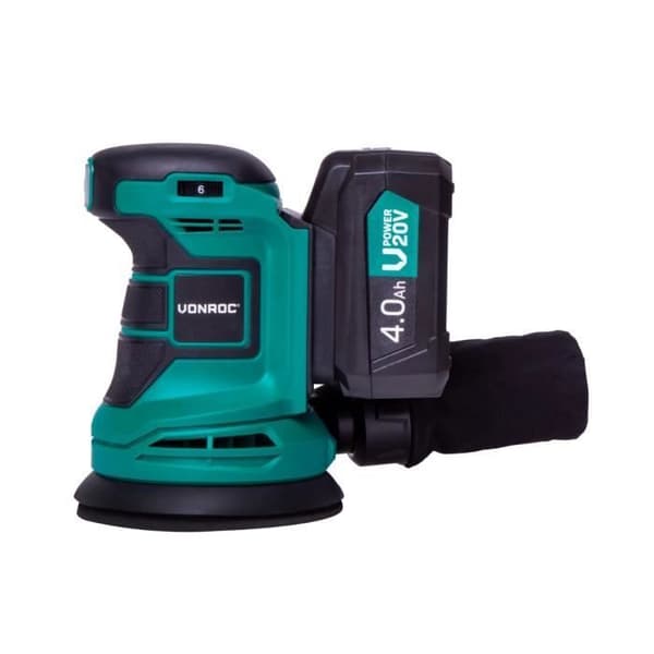 20V sladdlös orbitalslipmaskin - Ø125mm - 12 slipskivor, dammuppsamlingspåse - 1 4,0 Ah batteri och laddare