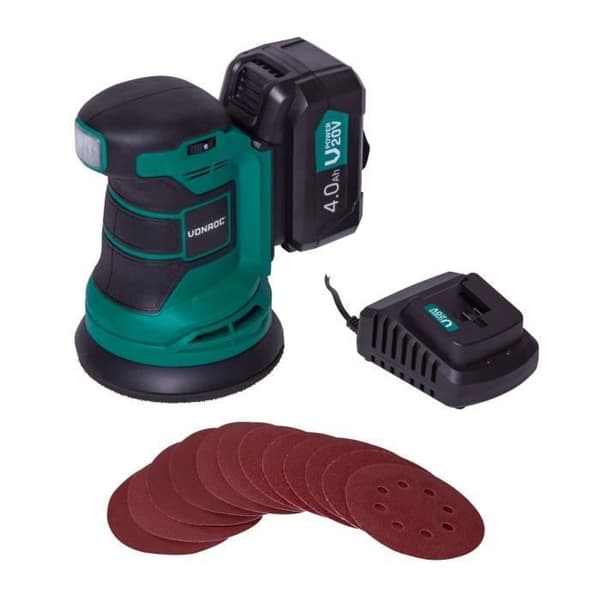 20V sladdlös orbitalslipmaskin - Ø125mm - 12 slipskivor, dammuppsamlingspåse - 1 4,0 Ah batteri och laddare