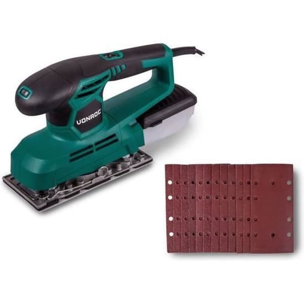 240W orbital slipmaskin – 90x187mm pad – Dammuppsamlingslåda, lim och klämfäste, 12 ark inkl.