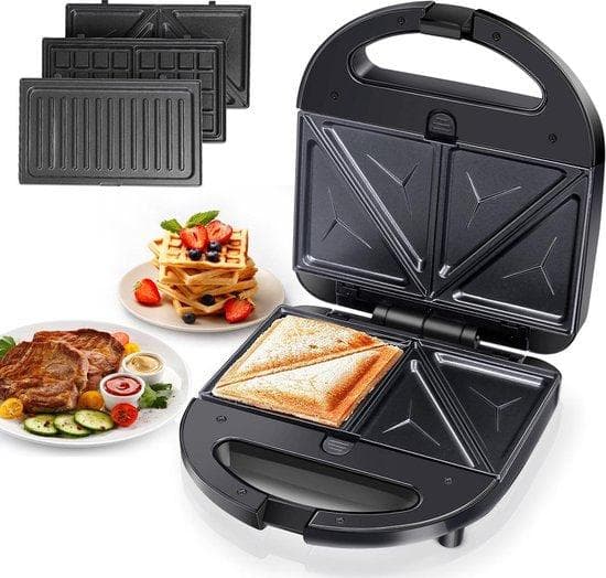 Toastjärn med avtagbara plattor - Kontaktgrill - Våffeljärn 3 i 1 - Svart