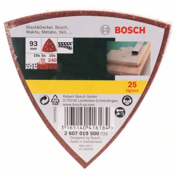 Bosch Accessories 2607019500 Deltaslippapper-set med kardborrband, perforerad Kornighet 60, 120, 240 Hörnmått 93 mm 1 s