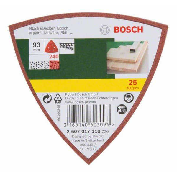 Bosch Accessories 2607017110 Deltaslippapper med kardborrband, perforerad Kornighet 240 Hörnmått 93 mm 25 st