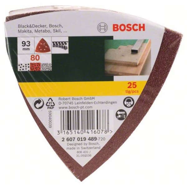 Bosch Accessories 2607019489 Deltaslippapper med kardborrband, perforerad Kornighet 80 Hörnmått 93 mm 25 st