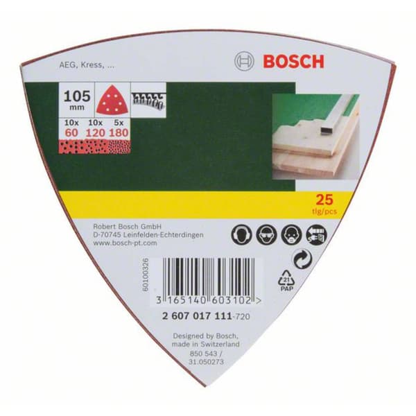 Bosch Accessories 2607017111 Deltaslippapper-set med kardborrband, perforerad Kornighet 60, 80, 180 Hörnmått 105 mm 1 s