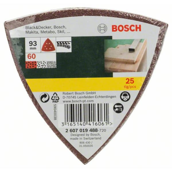 Bosch Accessories 2607019488 Deltaslippapper med kardborrband, perforerad Kornighet 60 Hörnmått 93 mm 25 st