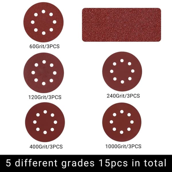 15st 125 mm rund 8-håls polerande sandpapperssats, slipmaskins polerplatta