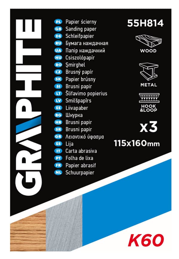 Sandpapper 115 x 160 mm, hål, avrivbar perforering, kardborre. K60, 3 st.