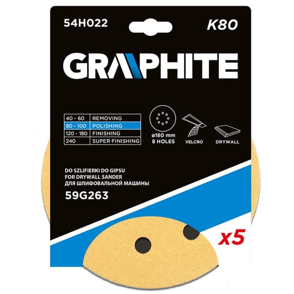 Kardborresandpapper 180 mm, K80, 5 st, med 8 hål för slipmaskin 59G263