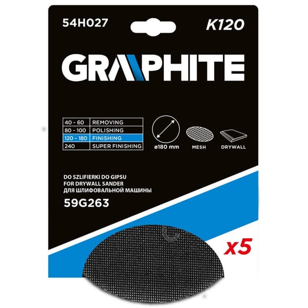 Kardborregips slipnät 180 mm, K120, 5 st för slipmaskin 59G263