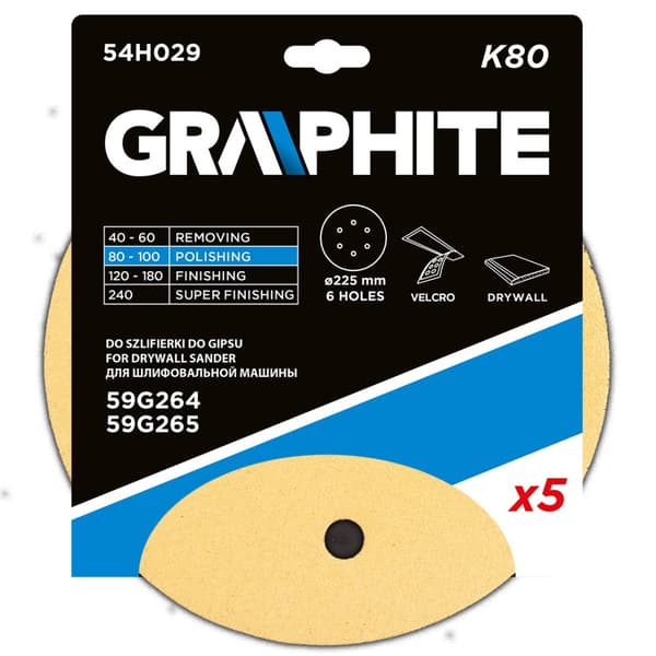 Kardborresandpapper 225 mm, K80, 5 st, med 6 hål för slipmaskin 59G264, 59G265
