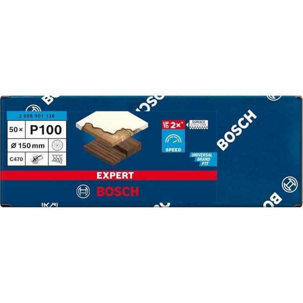 Bosch Professional 50x Sandpapper Expert C470 med multipla hål för Hårdträ, Måla på trä, Ø 150 mm, Korn 100, Tillbehör
