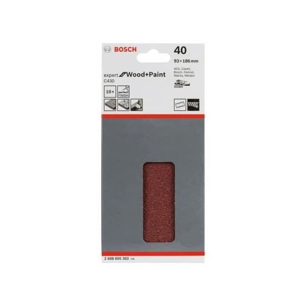 BOSCH 10 C430 slipskivor för orbital sliper - trä- och färgexpert - 93 x 186 mm - 8 hål - 40 korn