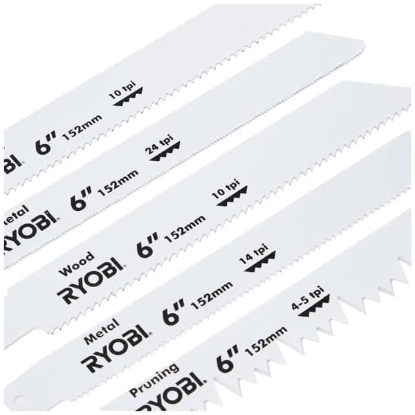 RYOBI - 6 erilaisen puukkosahan terän läpipainopakkaus, pituus 100/152 mm, puu/metalli - yleiskäyttöinen puukkosahan varsi - RAK06RB