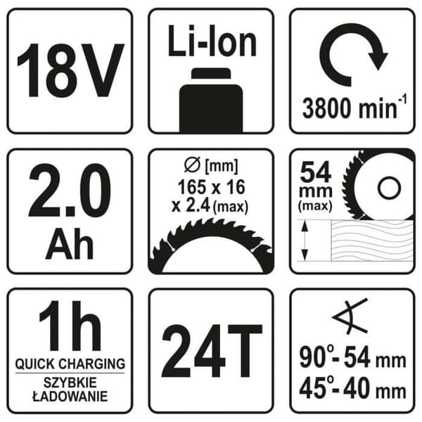 YATO-cirkelsåg med 2,0Ah 165 mm 18V Li-Ion-batteri
