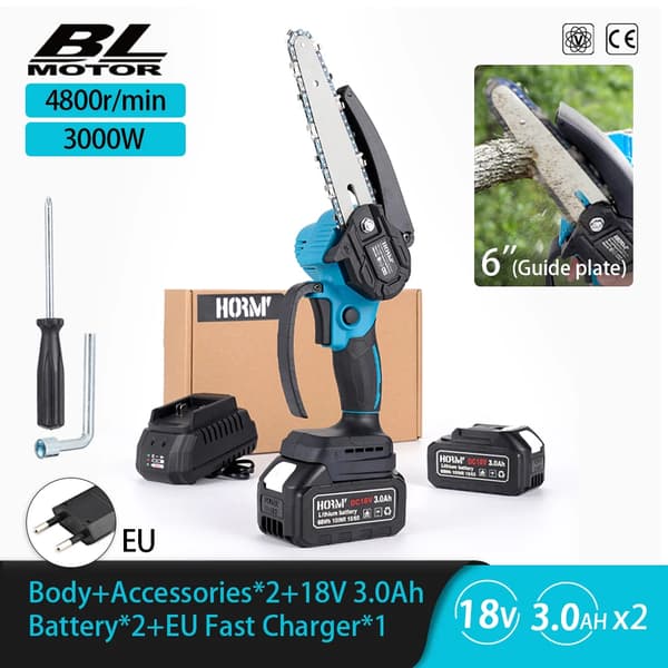 Sähkösaha, 6 tuuman ohjauspituus, 3000W teho, 4800RPM nopeus,2Akku 3.0A, EU