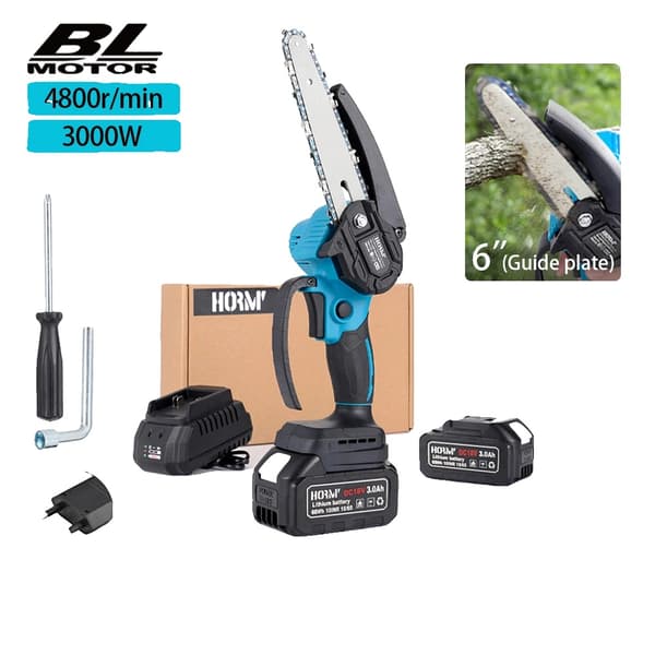 Sähkösaha, 6 tuuman ohjauspituus, 3000W teho, 4800RPM nopeus,2Akku 3.0A, EU