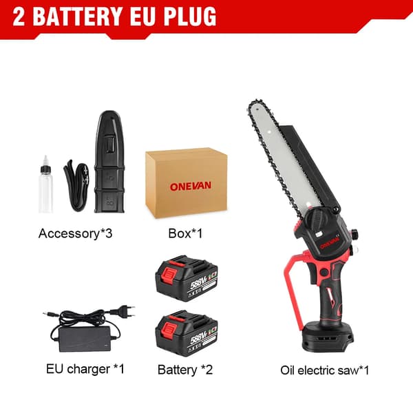 Trådløs kædesav, børsteløs motor, letvægtsdesign,2 Batteri EU Stik