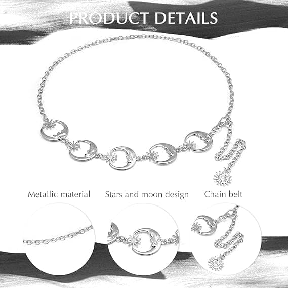 Midjekedja Bälte Magkedja Silverbälte för kvinnor, Moon Star Body Chain Bälten för kvinnor Modekedja Bälte Justerbara dambälten Boho