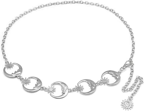 Midjekedja Bälte Magkedja Silverbälte för kvinnor, Moon Star Body Chain Bälten för kvinnor Modekedja Bälte Justerbara dambälten Boho