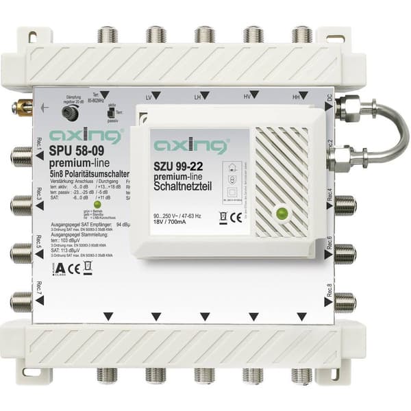 Axing SPU 58-09 SAT multiswitch Input (SAT): 5 (4 satellit / 1 markbunden) Abonnenter: 8 StandBy-Funktion, Quad LNB-kom