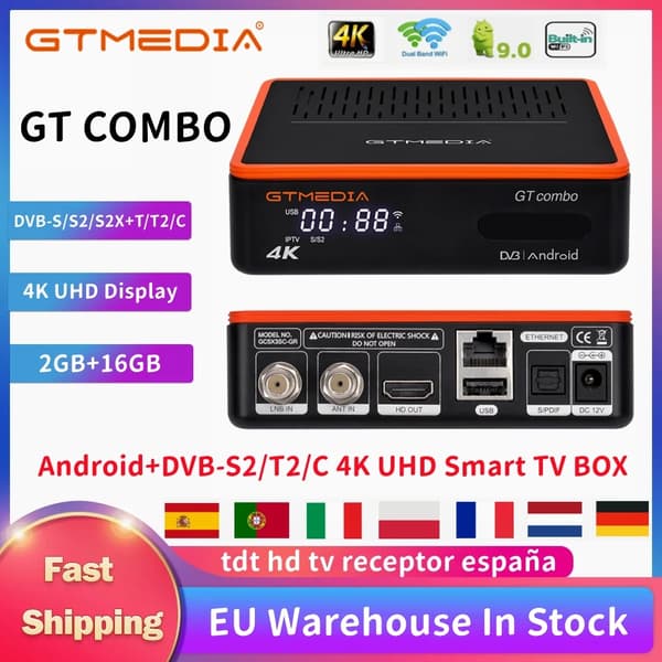 Smart TV-box, 4K UHD-upplösning, Android 90 operativsystem, GT COMBO, EU-kontakt
