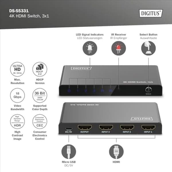 HDMI Switch - DIGITUS - DS-55331 - 3x1-3 in 1 Out - UHD 4K/60 Hz - HDCP 2.2 - HDMI 2.0