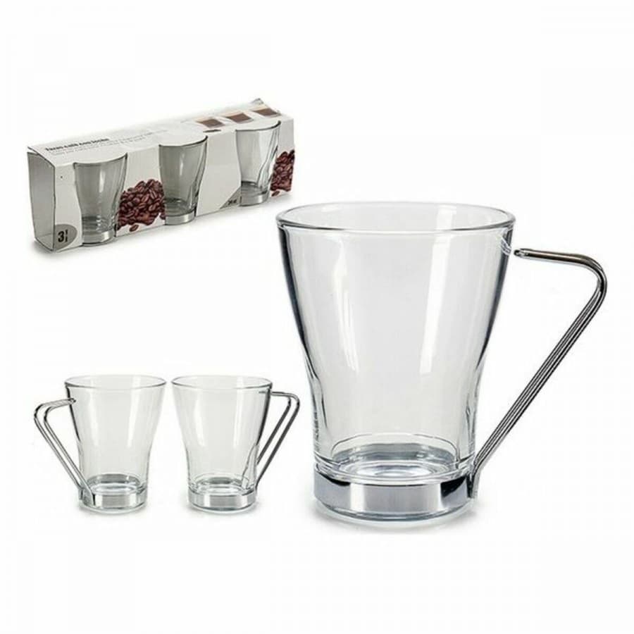 Set med kaffekoppar Vivalto Transparent Metall Glas (240 ml) (3 Delar) (8,5 x 10,5 x 33 cm)