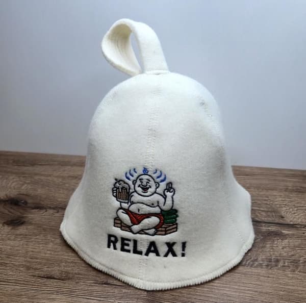 Bastukeps av naturlig ullfilt med humoristisk design för avkoppling för banya och jacuzzi