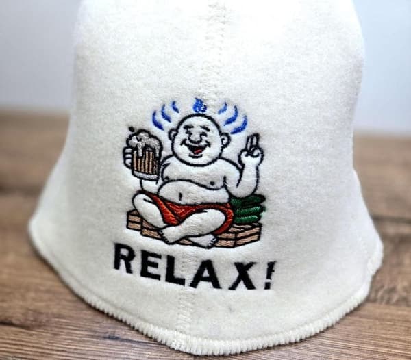 Bastukeps av naturlig ullfilt med humoristisk design för avkoppling för banya och jacuzzi