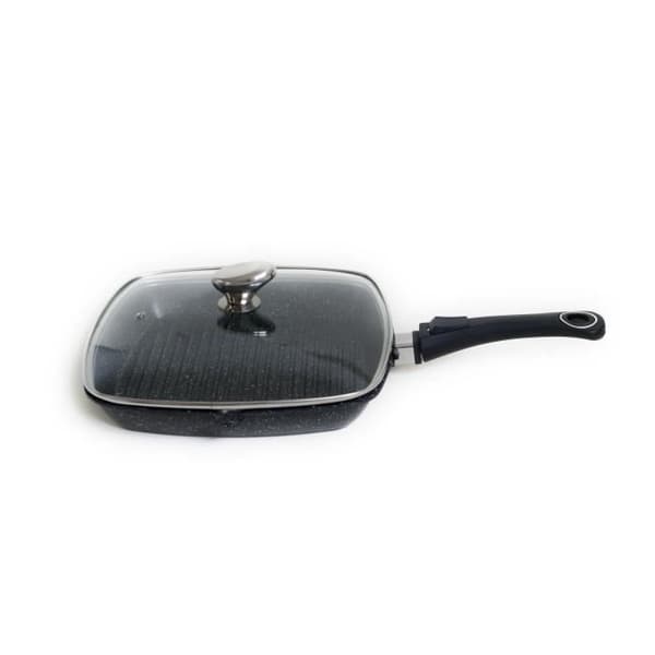 Grillpanna 28 x 28 cm "Stone style" + glaslock - PRADEL EXCELLENCE - PREMIUM - Kompatibel med alla värmekällor. Avtagbart handtag.