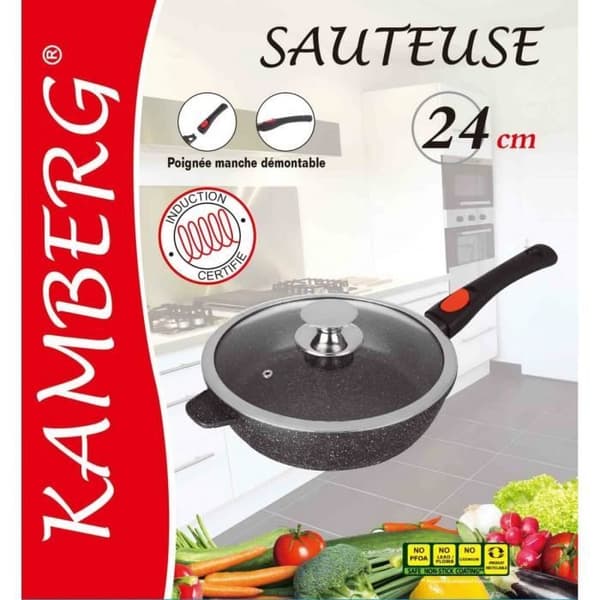 Kamberg - 24 cm långpanna - Gjuten aluminium - Beläggning av stentyp - Glaslock - Alla värmekällor inklusive induktion
